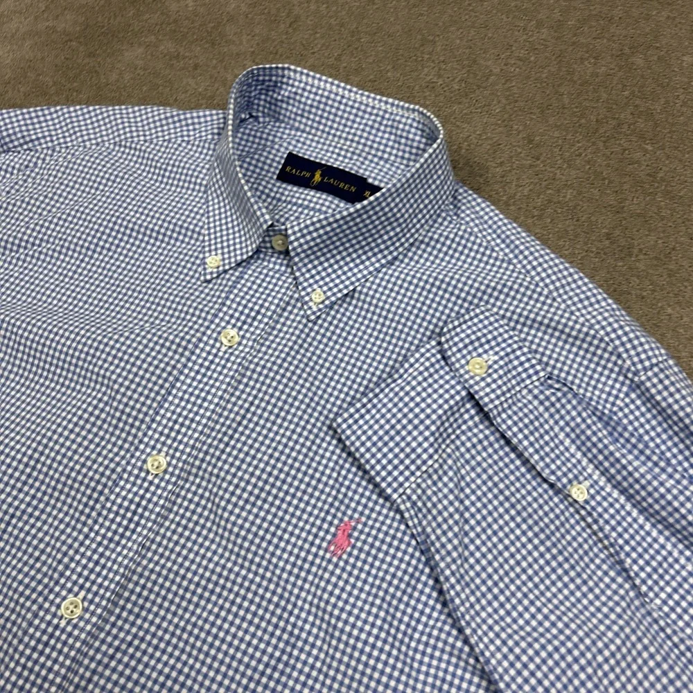 Ralph Lauren Mens Shirt XL Button Down Blue White Gingham Picnic Check Casual